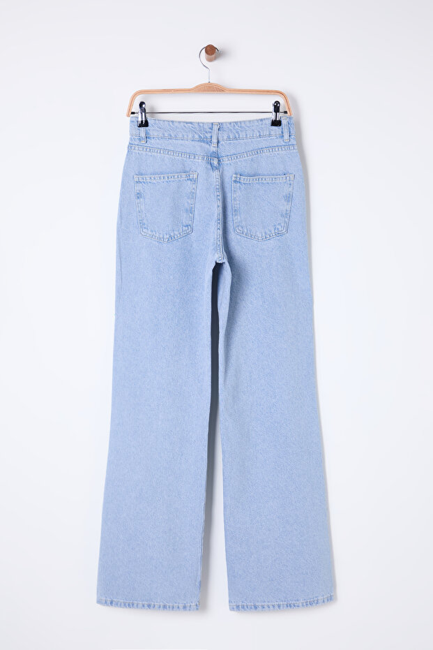 Açık Mavi Çiçek Nakışlı Yüksek Bel Wide Leg Geniş Paça %100 Pamuk Non-Stretch Jeans TWOSS25JE00047 - 8