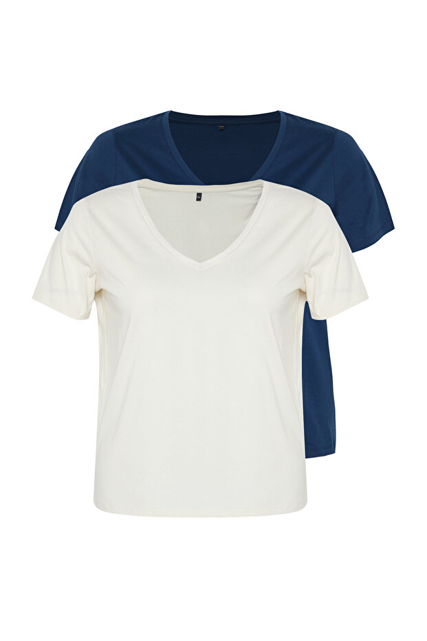 Çok Renkli 2'li Paket Basic Örme Büyük Beden T-Shirt TBBSS22TS0705 - 8