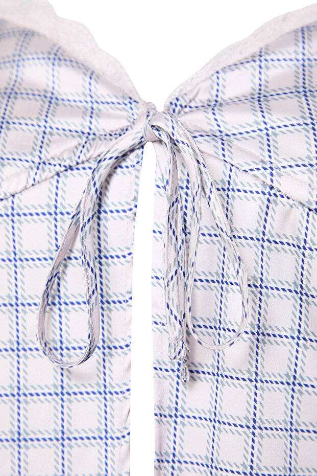 Çok Renkli Ekose Askılı Saten Bağlama Detaylı Crop Dokuma Bluz TWOSS25BZ00056 - 7