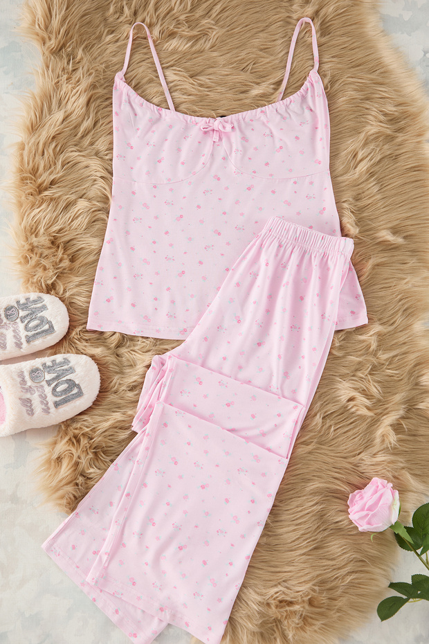 Pembe Çiçekli Bağlamalı ve İp Askılı Örme Pijama Takımı THMSS24PT00233 - 6