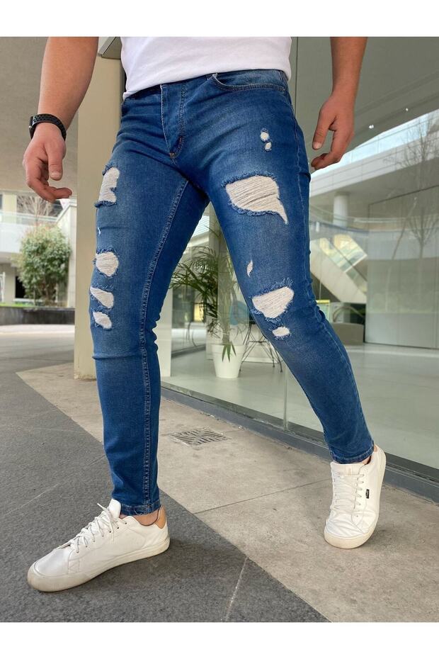 بنطال جينز أزرق ممزق Slimfit للرجال