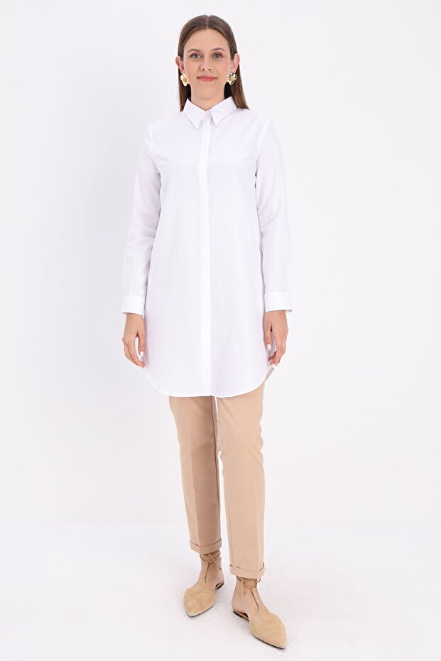 Beyaz Basic Gizli Patlı Gömlek Tunik - 4