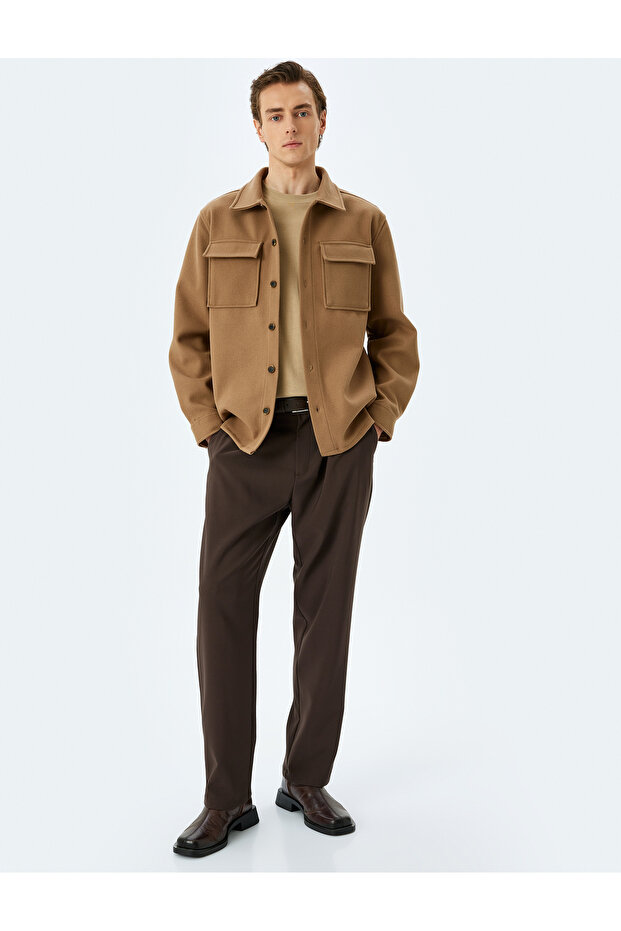 Clamshell Pocket Buttoned Long Sleeve Regular Fit Stamp Shirt Jacket