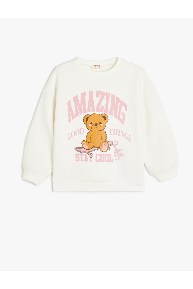 Teddy Bear Printed Crew Neck Long Sleeve Raster Sweatshirt