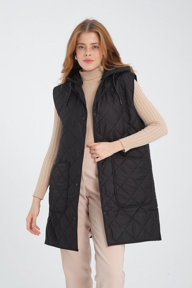 Kadın Çıkarılabilir Kapüşonlu Oversize Kapitone Kumaşlı Yırtmaçlı Yelek - 2
