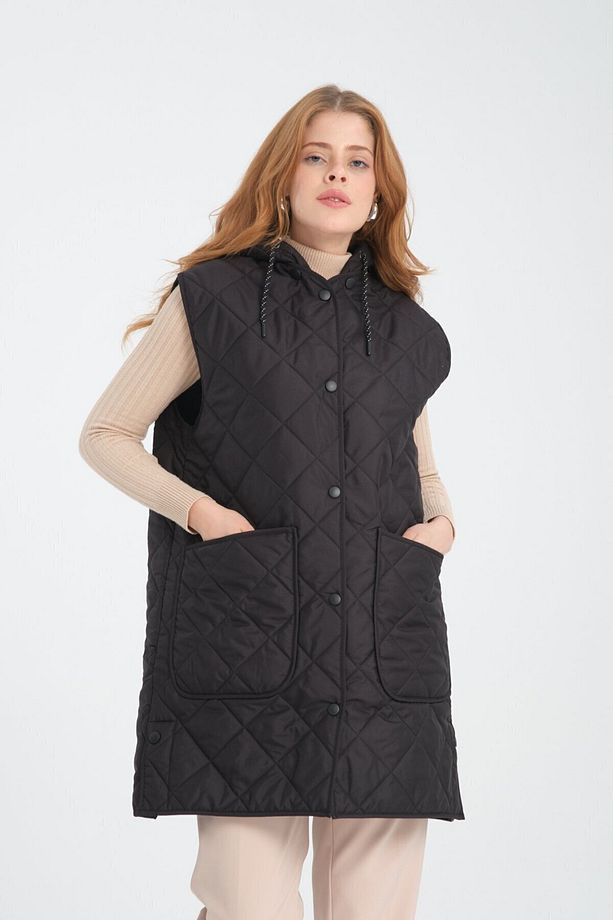 Kadın Çıkarılabilir Kapüşonlu Oversize Kapitone Kumaşlı Yırtmaçlı Yelek - 5