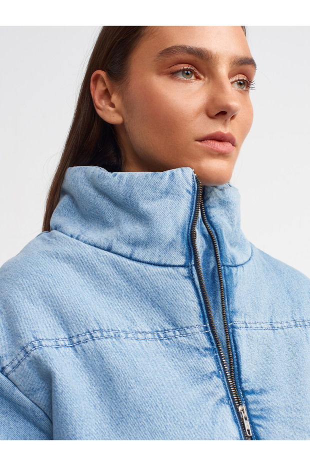 65343 Elyaflı Kalın Kot Mont-Mavi - 4