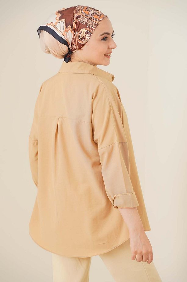 103901 Oversize Basic Tesettür Gömlek - Bej - 3