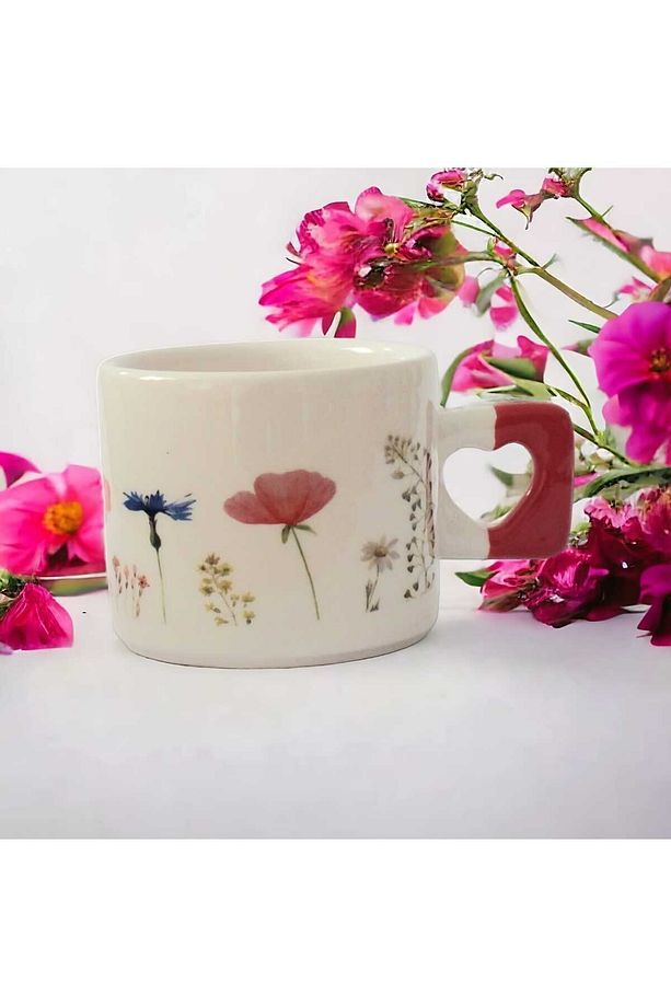 Zarif Çiçekler Baskılı El Yapımı Doğal Seramik Kırmızı Kalp Kupa Bardak / Mug - Çay & Kahve Fincanı - 4