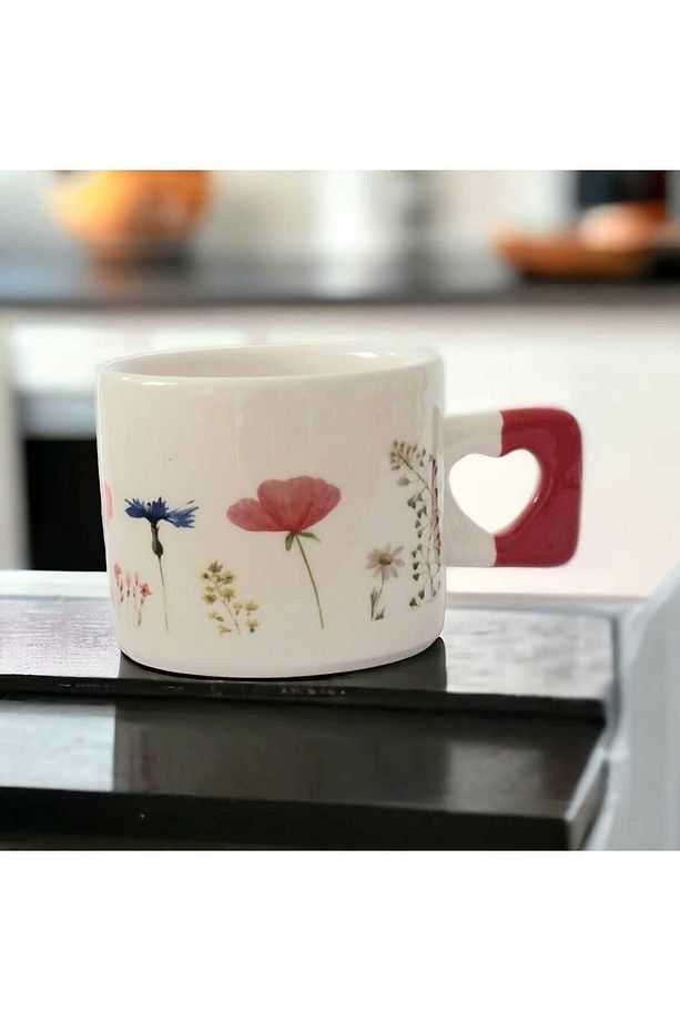 Zarif Çiçekler Baskılı El Yapımı Doğal Seramik Kırmızı Kalp Kupa Bardak / Mug - Çay & Kahve Fincanı - 1