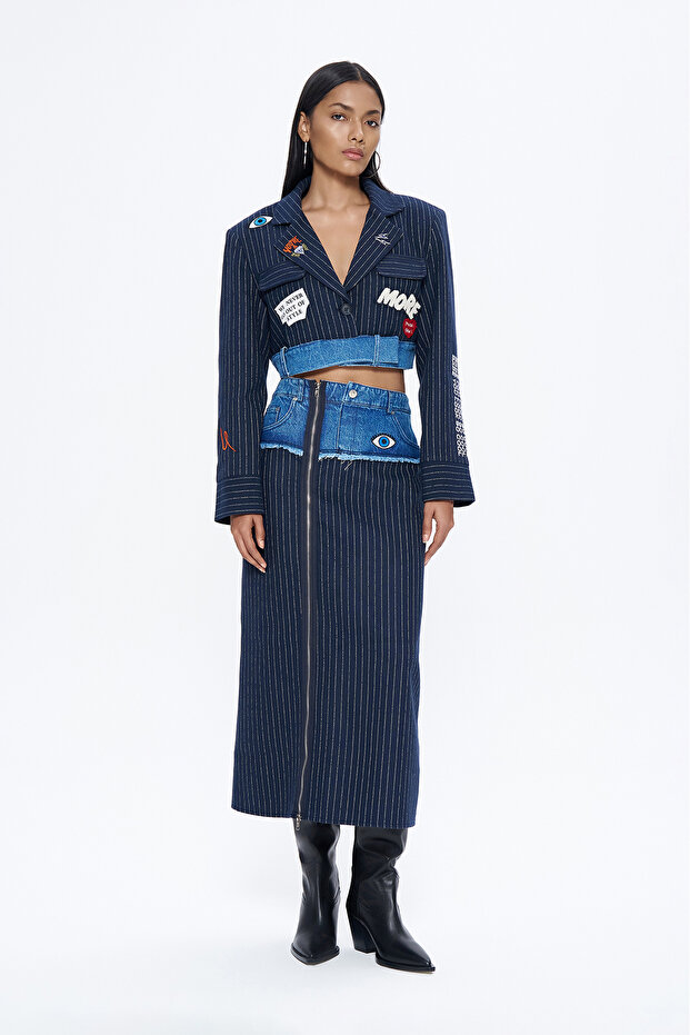 Navy Blue Matcli Denim Midi Skirt - Zipper Accessories