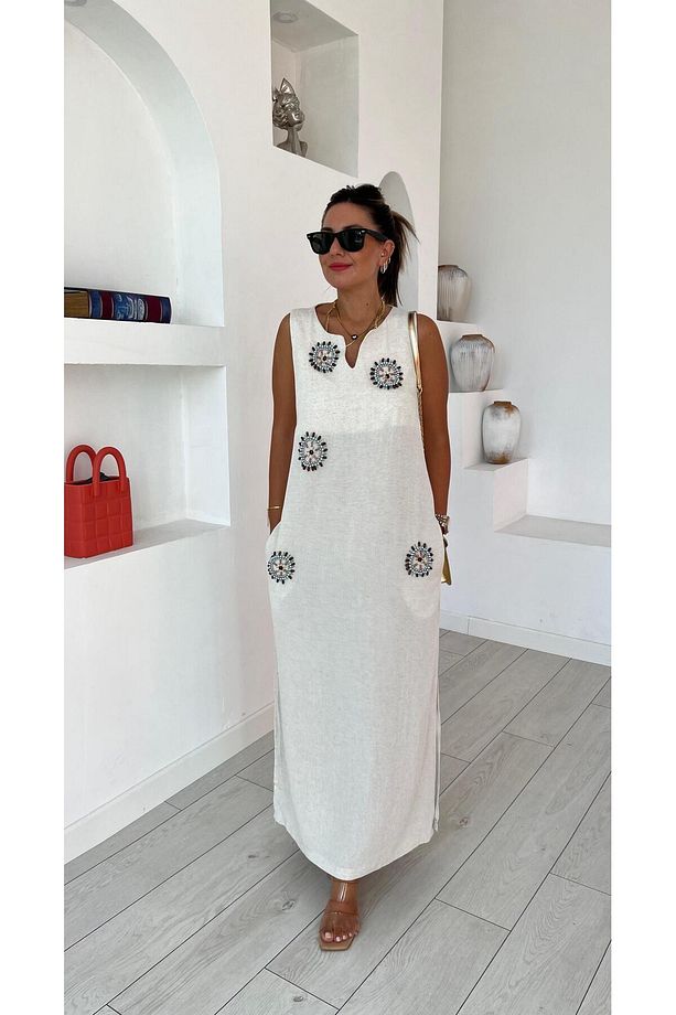 Ms Boncuk İşlemeli Bej Keten Elbise - 4