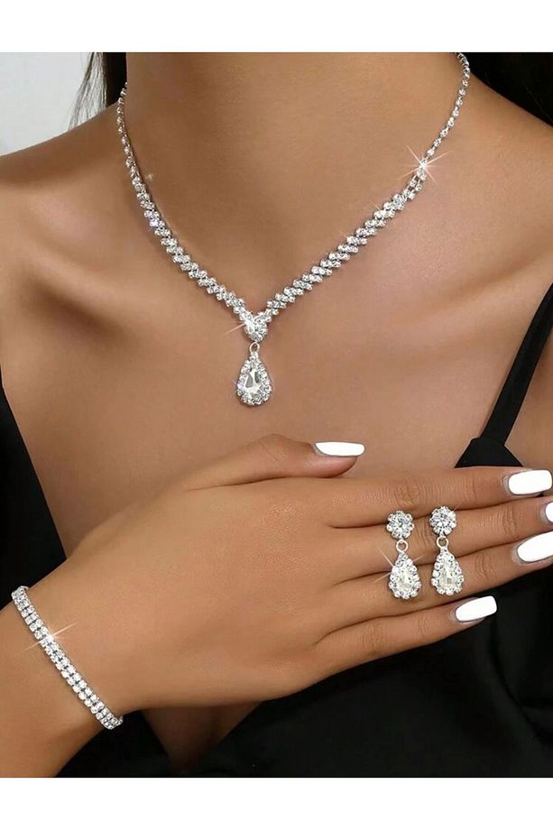 Gümüş Kaplama Derin  Kolye, Küpe Ve Bileklik Seti 3'lü Set Davet Düğün Nişan Abiye - 1