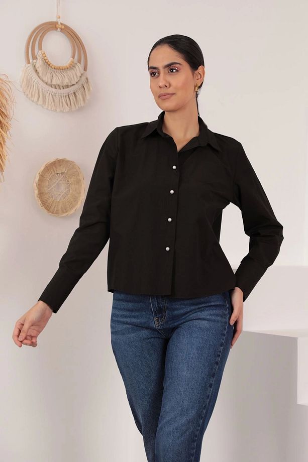 Soft Kumaş Crop Kadın İnci Düğme Detay Gömlek-Acı Kahve - 3
