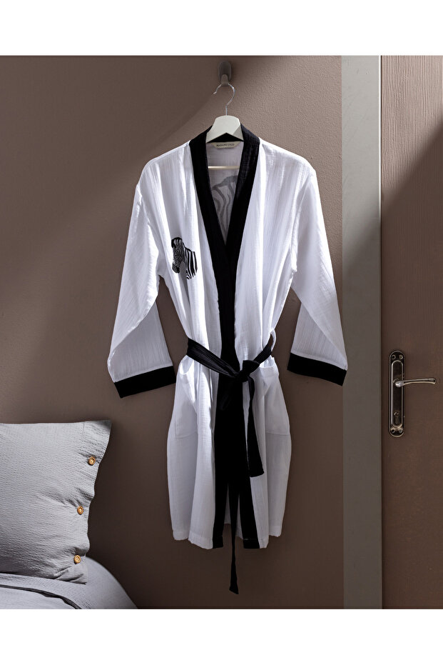Zelda Muslin 100% Cotton Women's Bathrobe - Black/White
