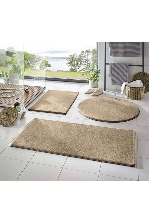 3-Piece Bathroom Carpet Plush Post Carpet Toilet Seat Set Mink 50X70--50X50---50X50 (Round)