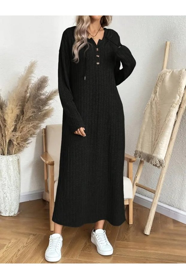 Mokashopin Women's Long Sleeve Hooded Lace-Up Charted Camisole Long Dress