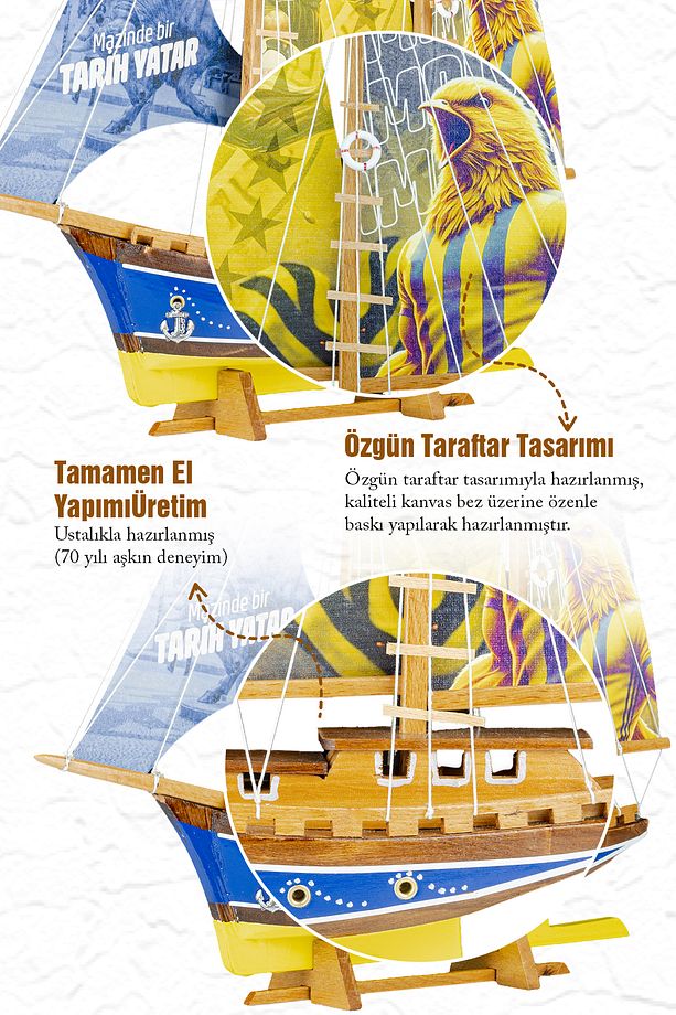 Dekoratif Maket Gemi Sarı Lacivert Hediyelik Taraftar Ürünü, El Yapımı, Dekoratif Ev ve Ofis Süsü - 5