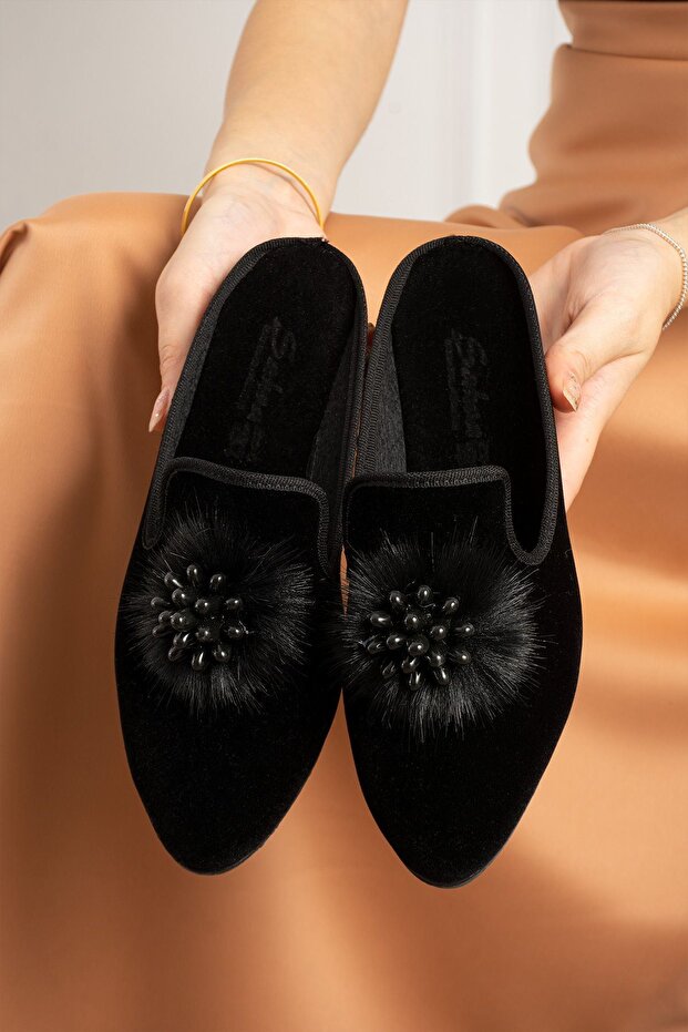 Mayer Black Round Stone Detailed Furry Closed Front Elegant House Slippers