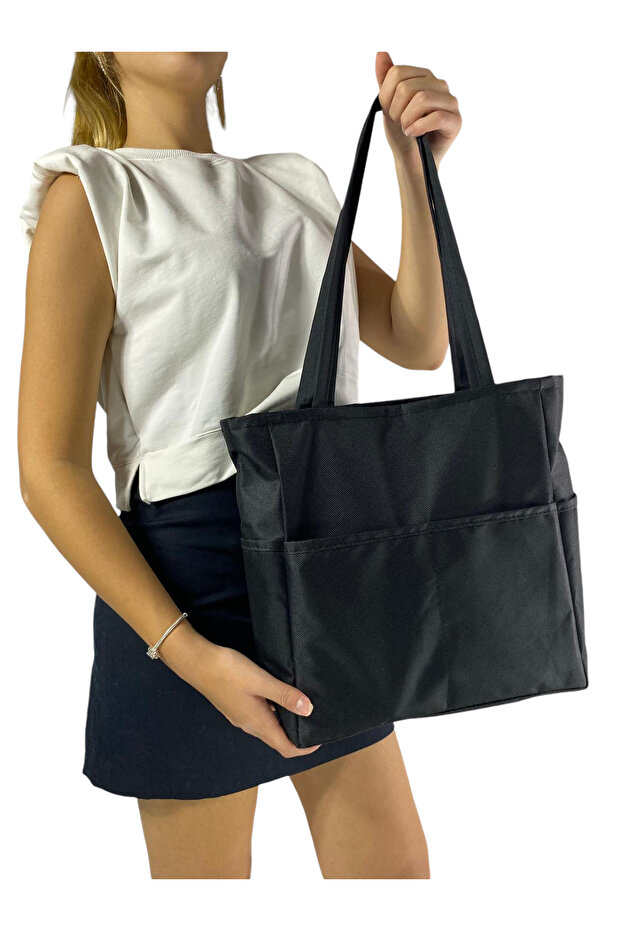 Sporty Black Large Women's Shoulder Bag with Multiple Compartments