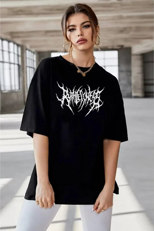 Unisex Crew Neck Printed Oversize T-Shirt - Black