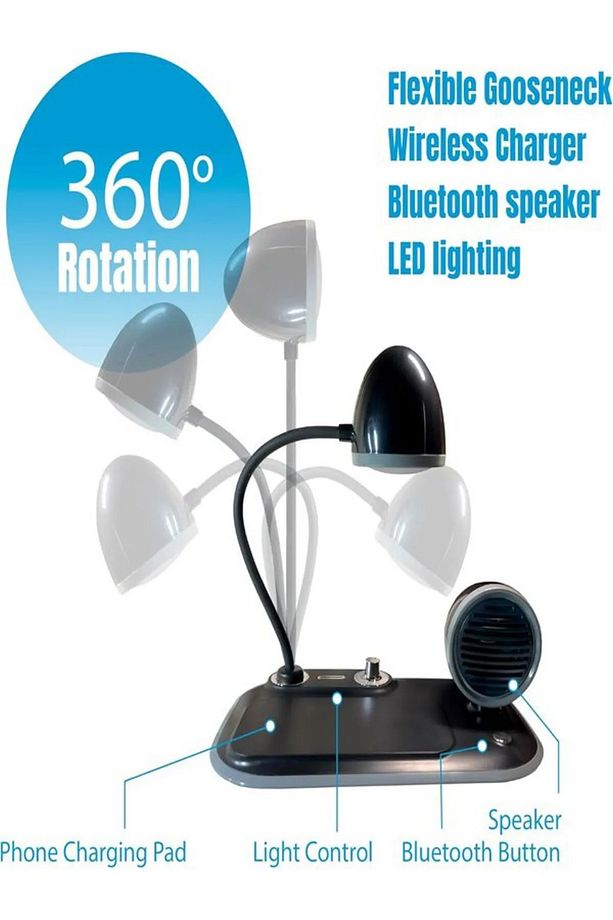 3in1 Masa Lambalı, Bluetooth Hoparlörlü, 15W Wireless Şarj Standı aw6 - 3