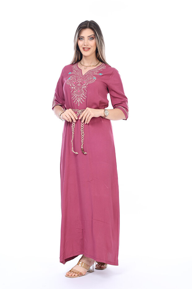 Summer Woven Embroidered Detail Straw-Belted Long Dress