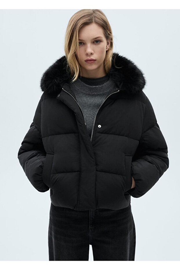 Short Quilted Anorak with Fur Collar