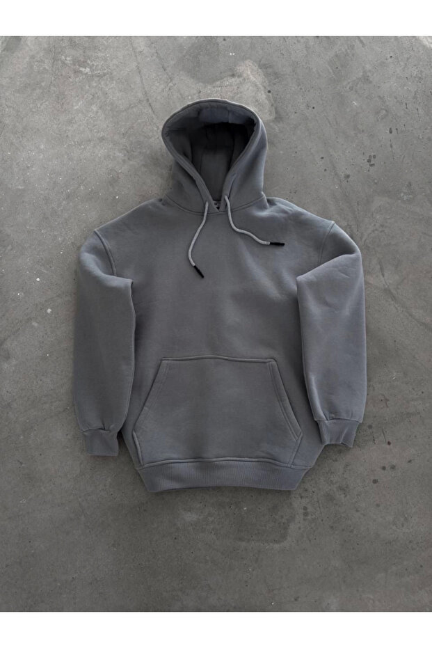 Gray Combed Cotton Hooded Basic Sweatshirt - Three Thread - 2