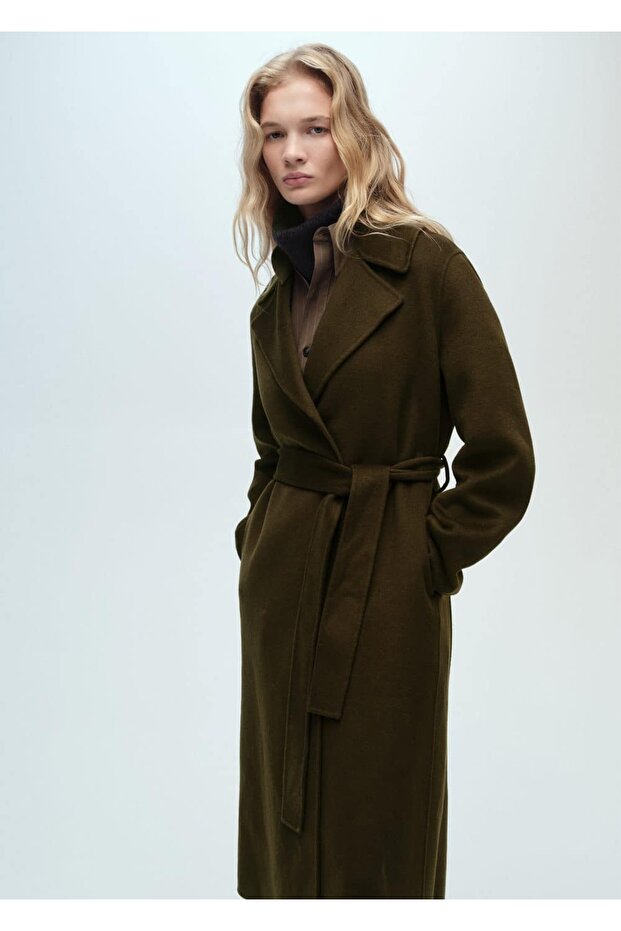 Ręcznie robiony długi płaszcz z paskiem - 1