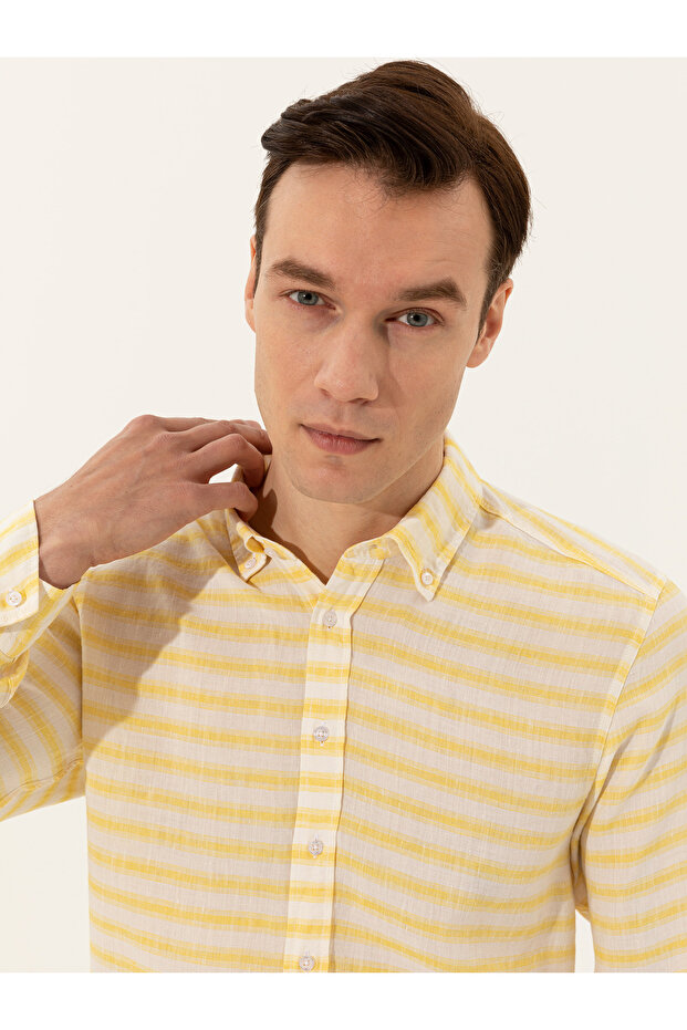 Yellow Linen Blended Slim Fit Long Sleeve Shirt 50247552-Vr044
