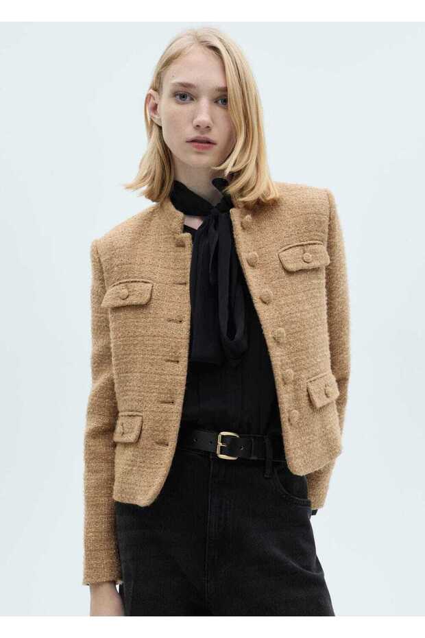 Striped Collar Tweed Jacket - 1