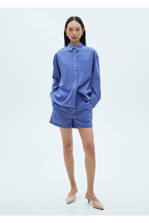 Çizgili pamuk karışımlı şort - 2