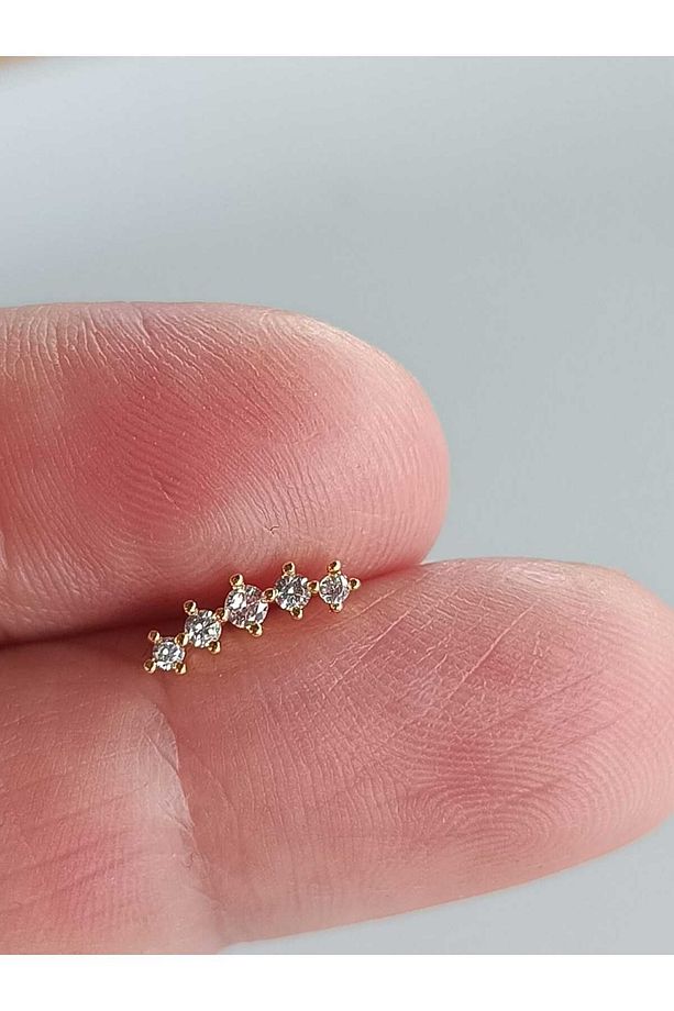 Cerrahi Çelik Zirkon 5 Taşlı Altın Tragus Helix Conch Piercing - 3
