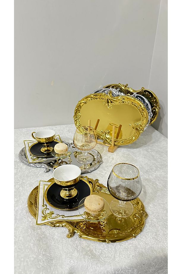 6'lı 3 Adet Gold 3 Adet Çelik Artnova Kahve Sunum Servis Tepsisi - 3