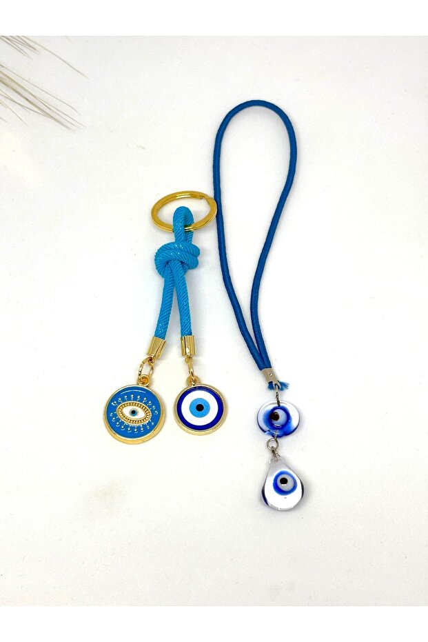 Glass Round Eye Car Mirror Ornament Car Charm and Blue Drawstring Keychain Set