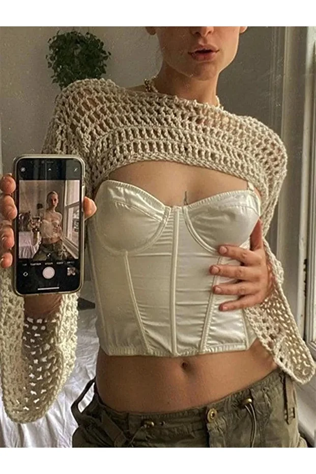 Bej File Örgü Bolero - 2