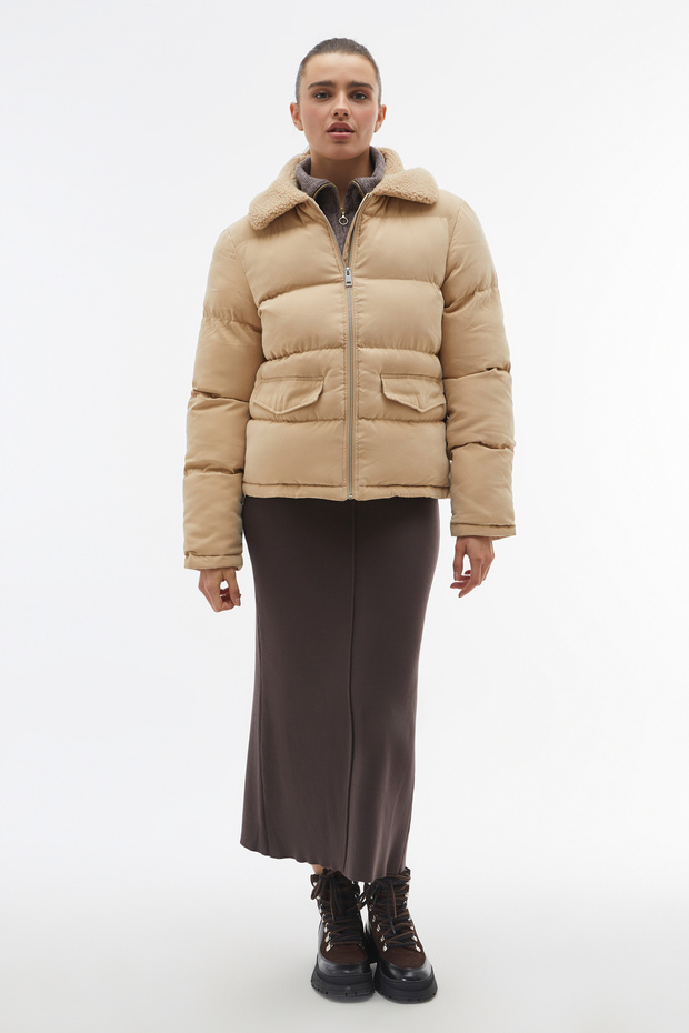 Women's Beige Fur Collar Quilted Coat
