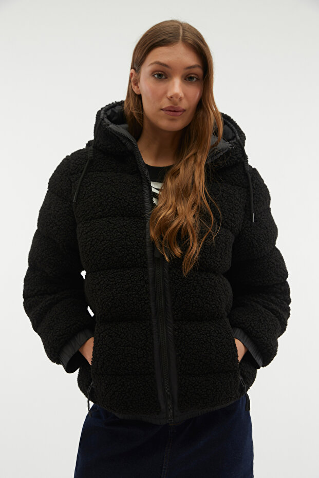 Women's Black Quilted Hooded Plush Coat Jacket
