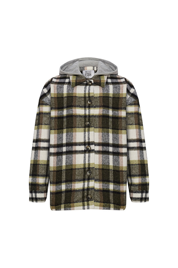 Women's Green Plaid Hooded Shirt Jacket