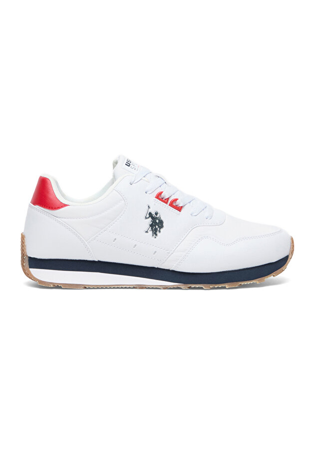 Men's White Low-Top Sneakers, Lightweight with Red and Navy Accents - Lace-Up with Cushioned Sole