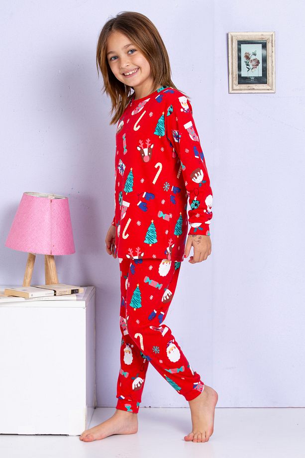 Kız Çocuk %100 Pamuklu Kırmızı Yılbaşı Temalı Pijama  Takımı - 3