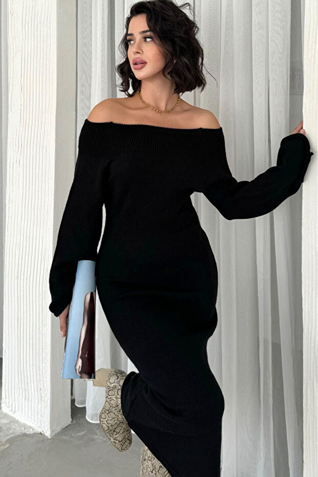 Lastik Örme Kayık Madonna Yaka Uzun İspanyol Kollu Vücudu Saran Kalem Etek Örme Triko Kışlık Elbise - 6