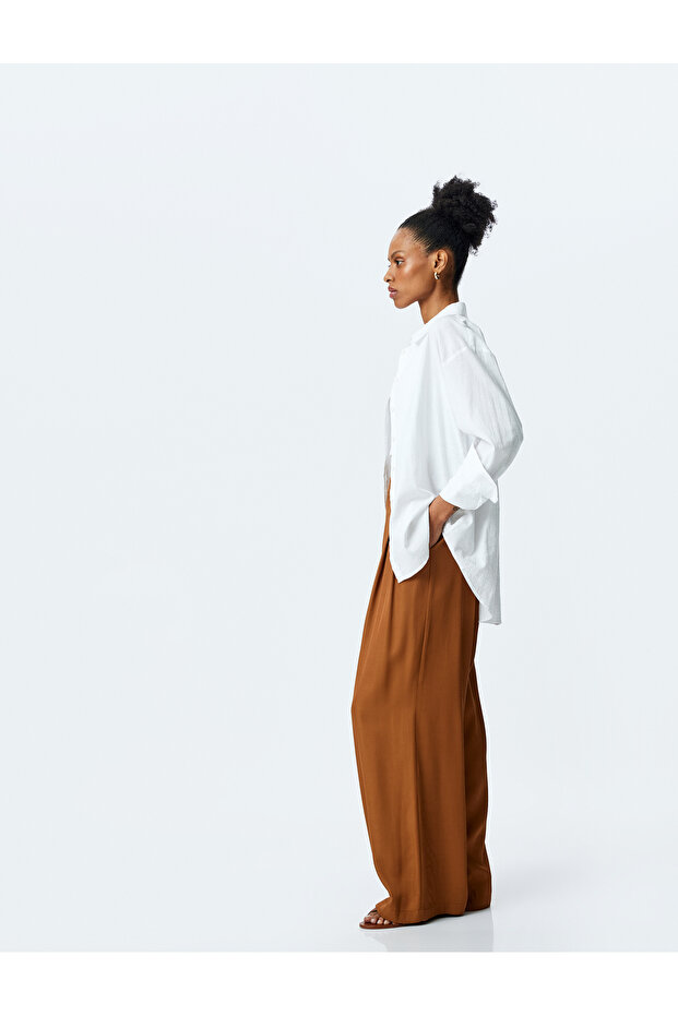 Pleat Detailed High Waist Viscose Palazzo Pants with Pockets