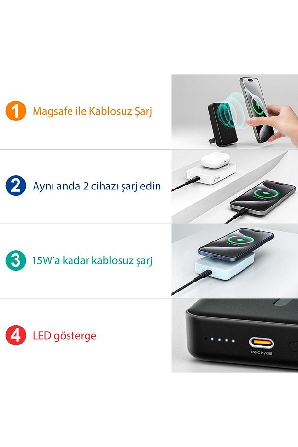 10000 Mah Magsafe Powerbank Standlı Pd20w Taşınabilir Kablosuz Hızlı Şarj Cihazı Siyah - 3