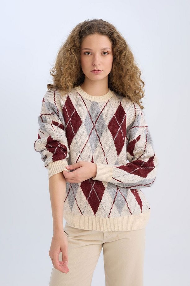 Regular Fit Baklava Desenli Bisiklet Yaka Triko Kazak D9519AX24WN - 3