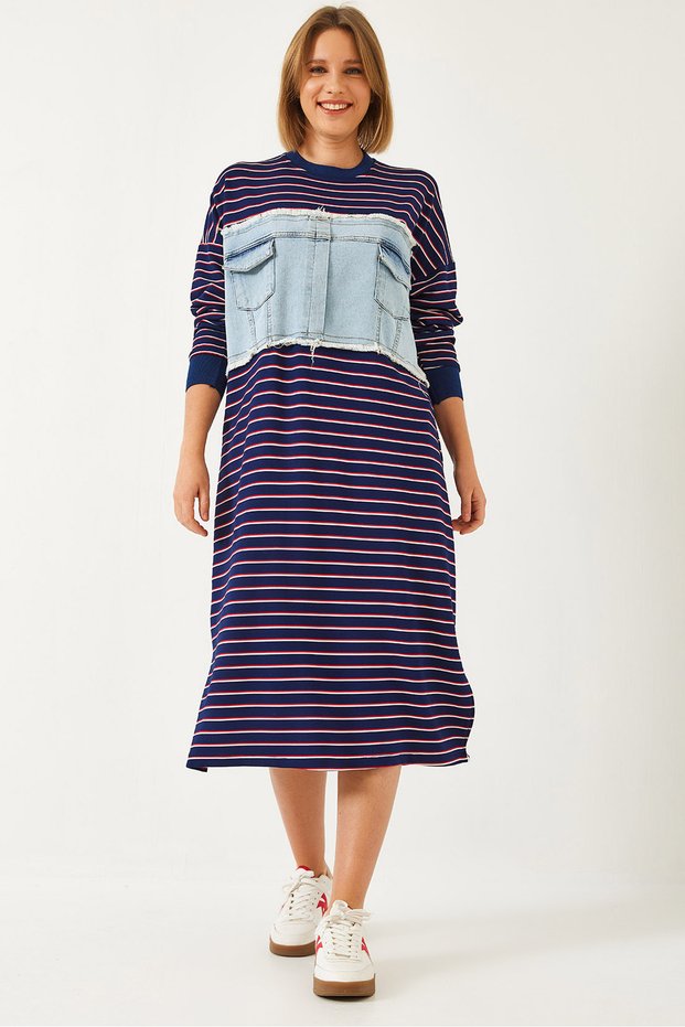 Women's Navy Blue Double Pocket Denim Garnished Long Dress 8177 60351341