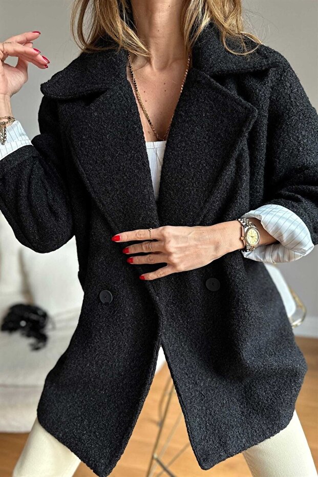 Oversize Single Button Plush Patterned Short Coat - 2