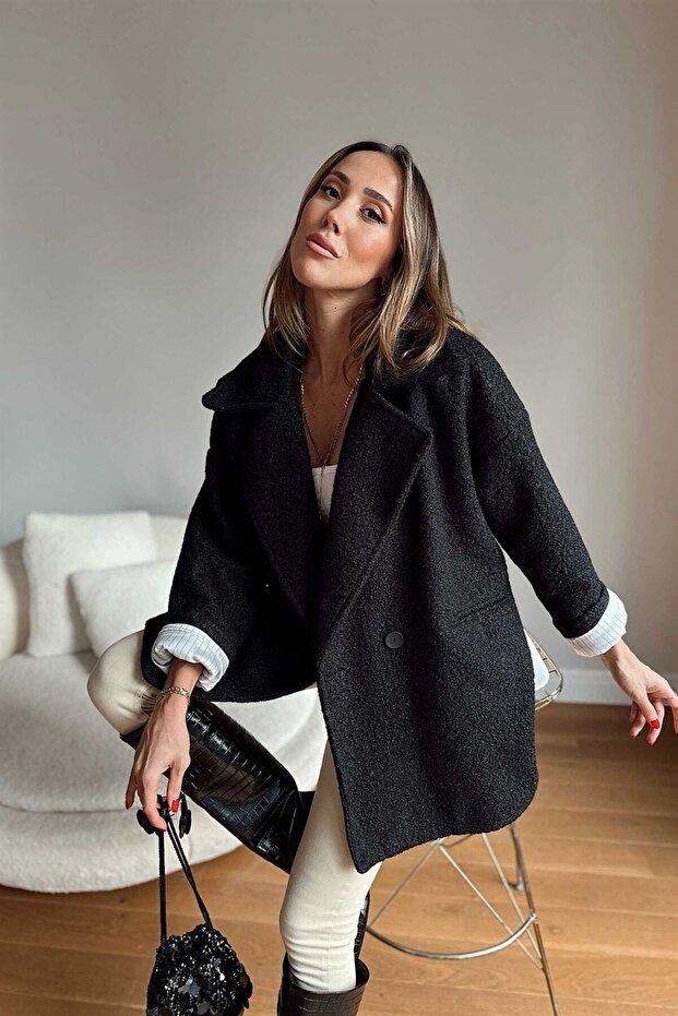 Oversize Single Button Plush Patterned Short Coat - 5