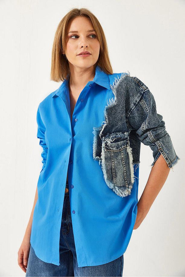 Kadın Denim Parçalı Tek Cepli Gömlek 2669 60351324 - 4